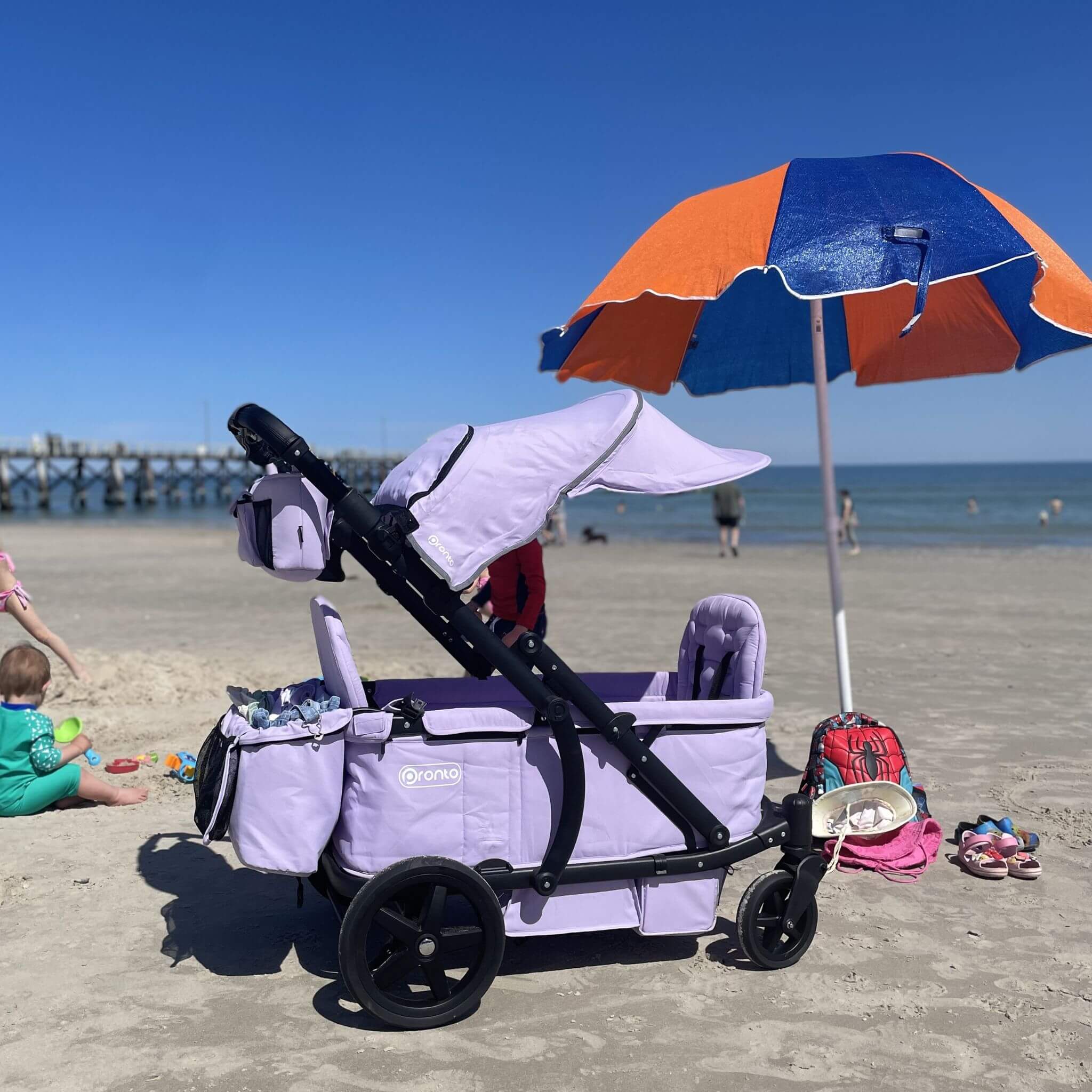 Pronto Stroller on a sandy beach.